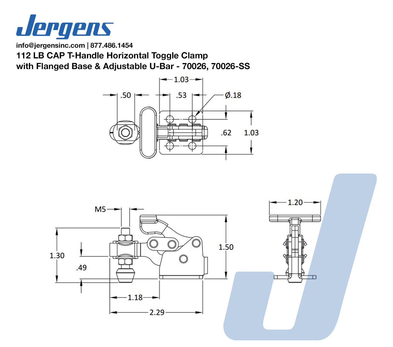 Line Art 112 LB CAP T-Handle Horizontal Toggle Clamp with Flanged Base & Adjustable U-Bar