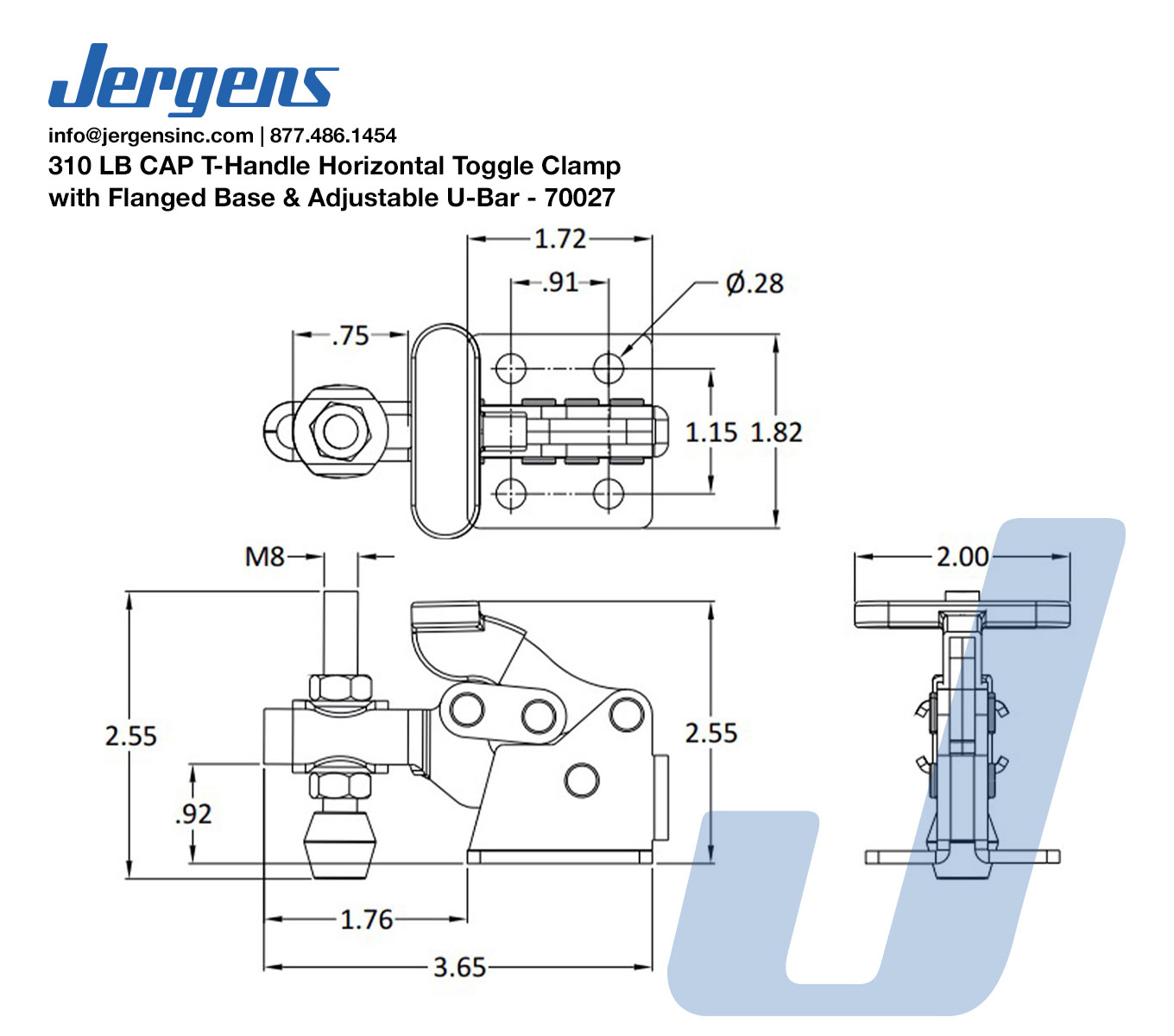 Line Art 310 LB CAP T-Handle Horizontal Toggle Clamp with Flanged Base & Adjustable U-Bar