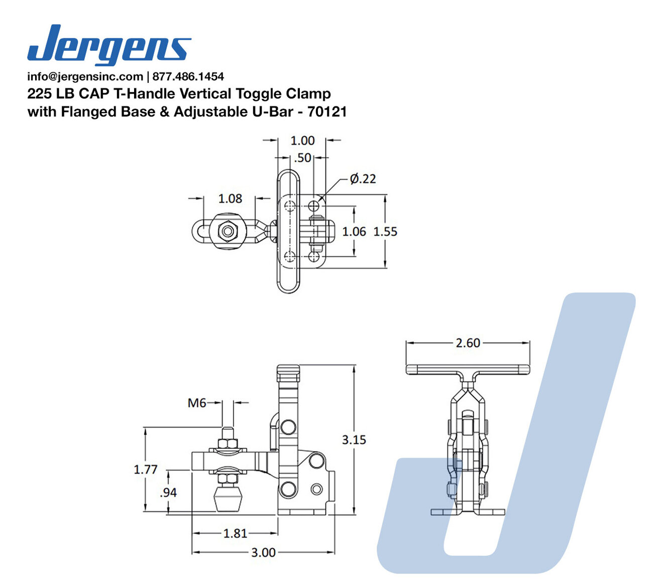 Line Art 225 LB CAP T-Handle Vertical Toggle Clamp with Flanged Base & Adjustable U-Bar