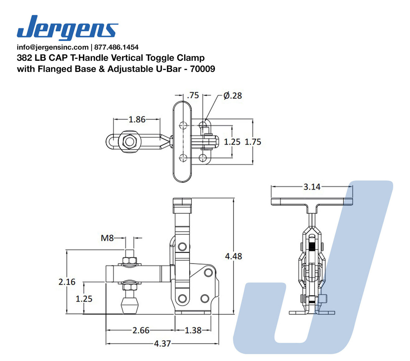 Line Art 382 LB CAP T-Handle Vertical Toggle Clamp with Flanged Base & Adjustable U-Bar