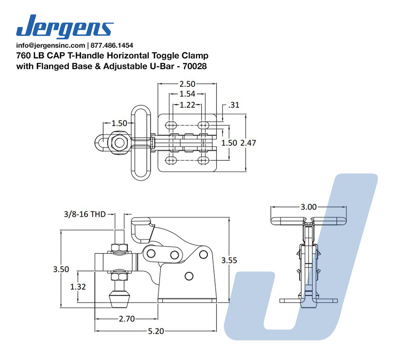 Line Art 760 LB CAP T-Handle Horizontal Toggle Clamp with Flanged Base & Adjustable U-Bar